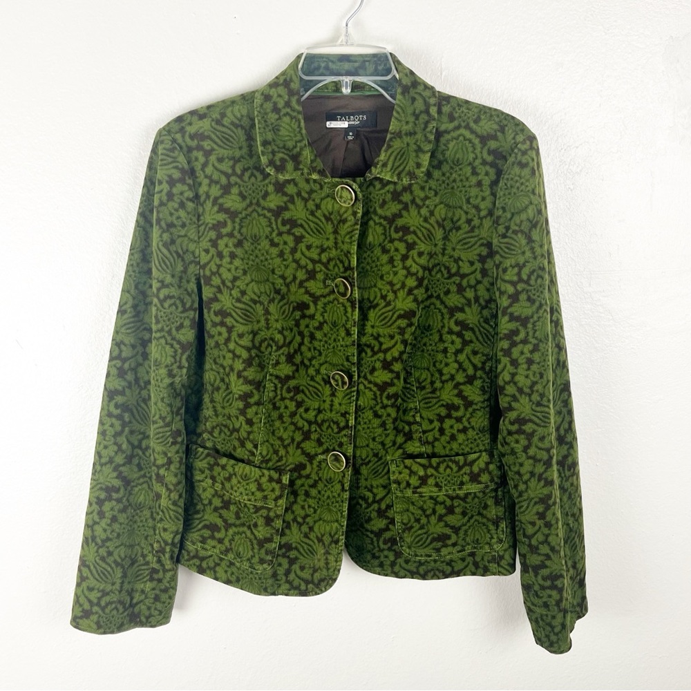 TALBOTS Green Brown Printed Lined Long Sleeves Corduroy Jacket Size 10 Boho Chic - Picture 11 of 11